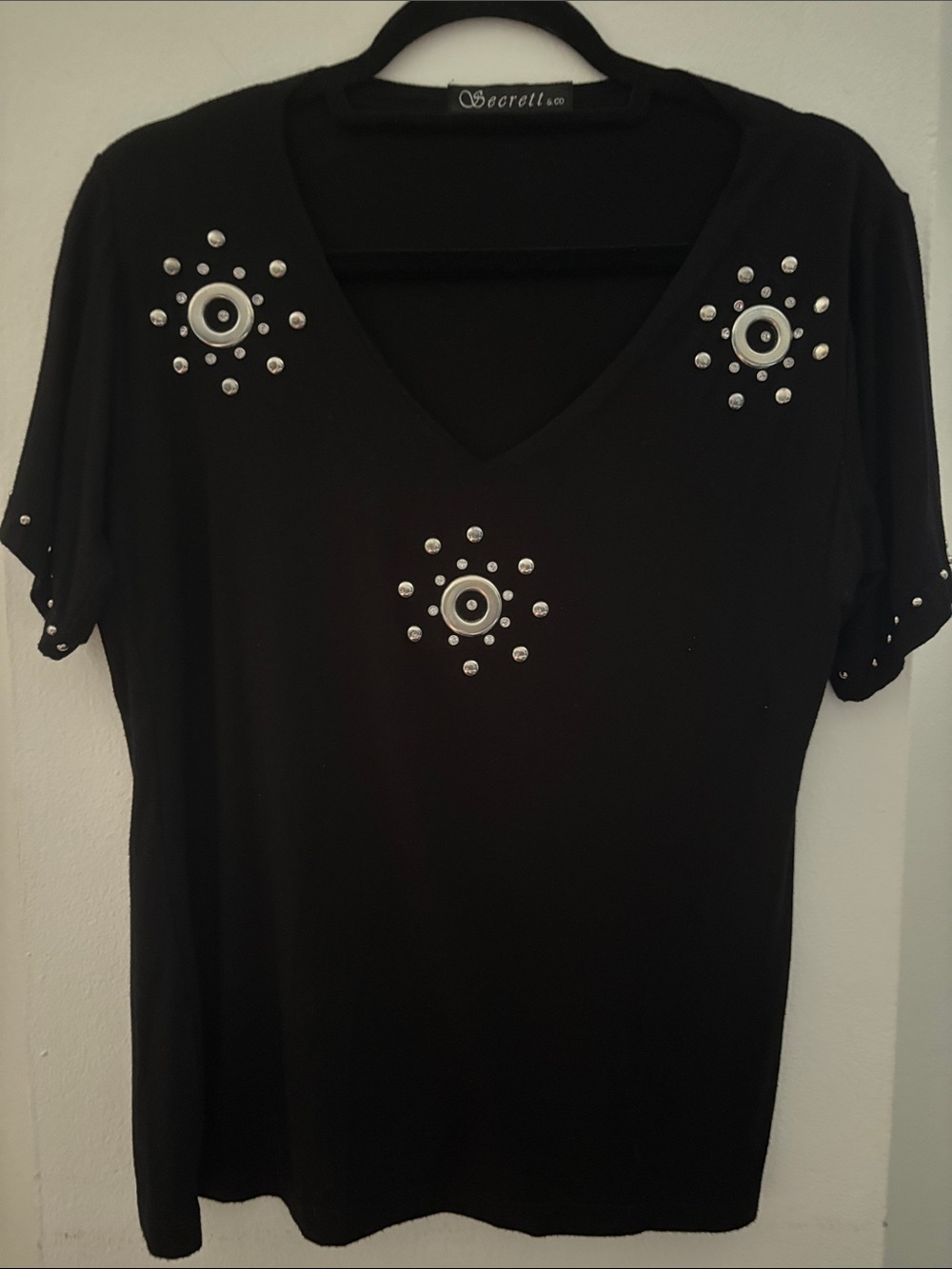 Lightweight, Pretty Black V-Neck Short Sleeve Top with Metallic Stud Accents